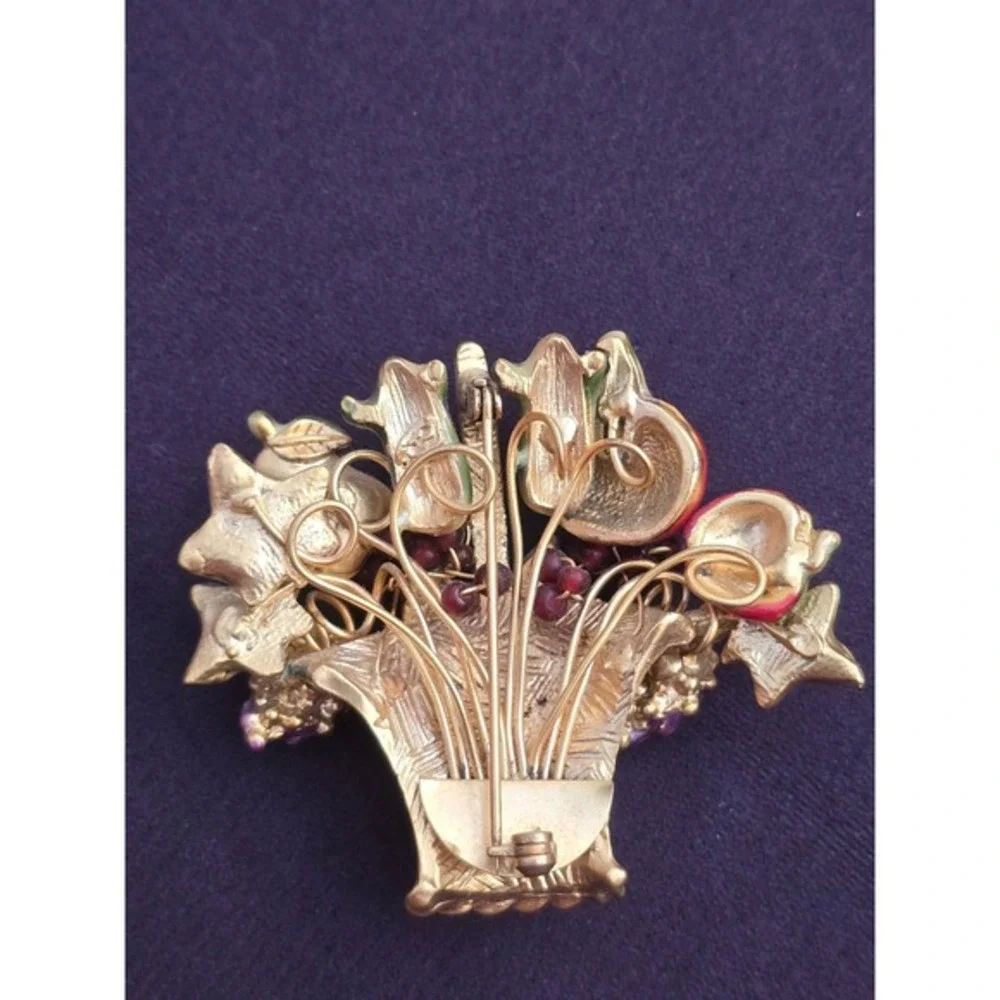Vintage Fruit Basket Brooch Gold Tone Enamel Harvest Cornucopia‎ Pin 2 Inch